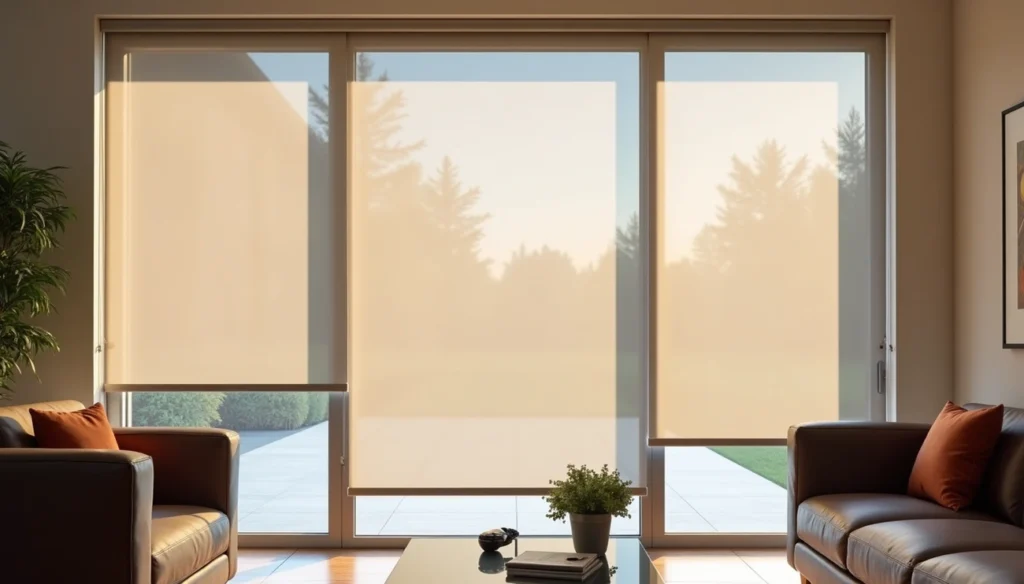 Premium roller blinds in modern living room with large glass windows