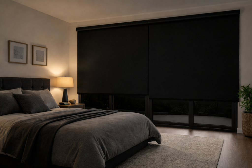 Blackout roller blinds in modern bedroom providing complete light blockage for better sleep
