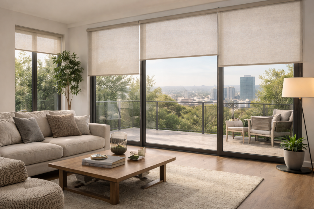 Sunscreen roller blinds for light filtering