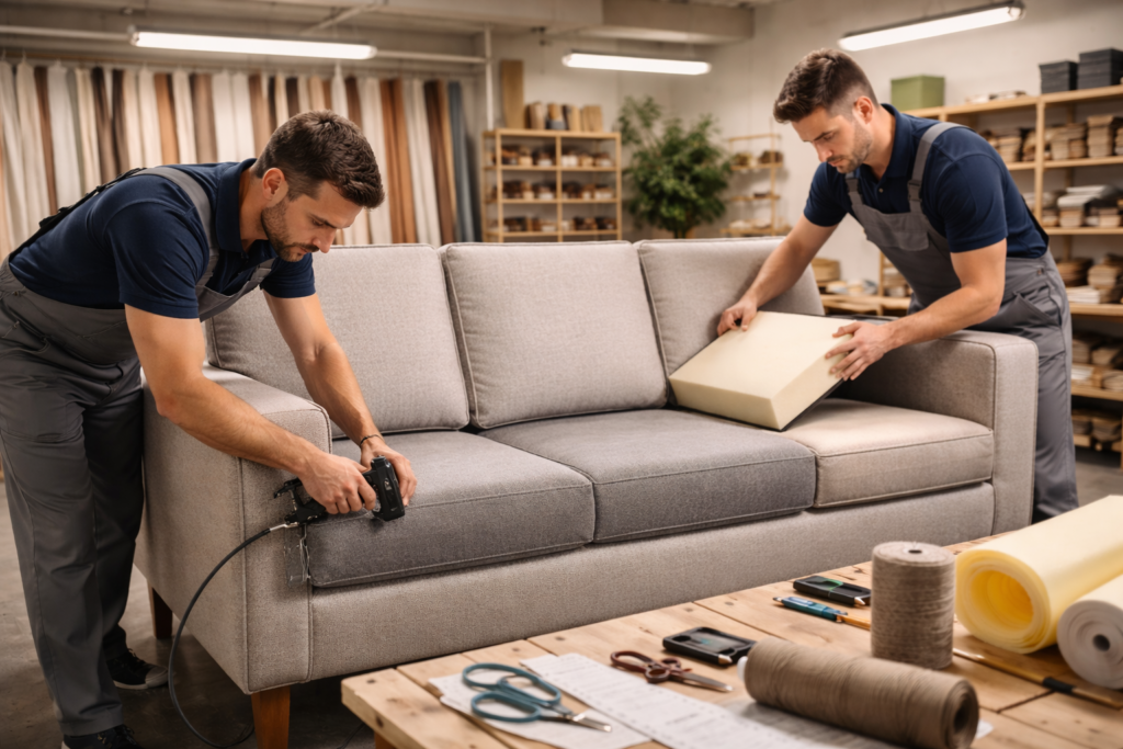 Two professional craftsmen repairing a fabric sofa and replacing foam cushions in a Dubai upholstery workshop