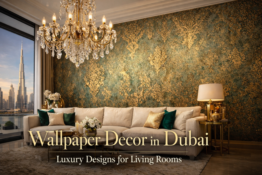 Luxury wallpaper decor in Dubai living room with green and gold textured wallpaper, cream sofa, chandelier and Burj Khalifa view