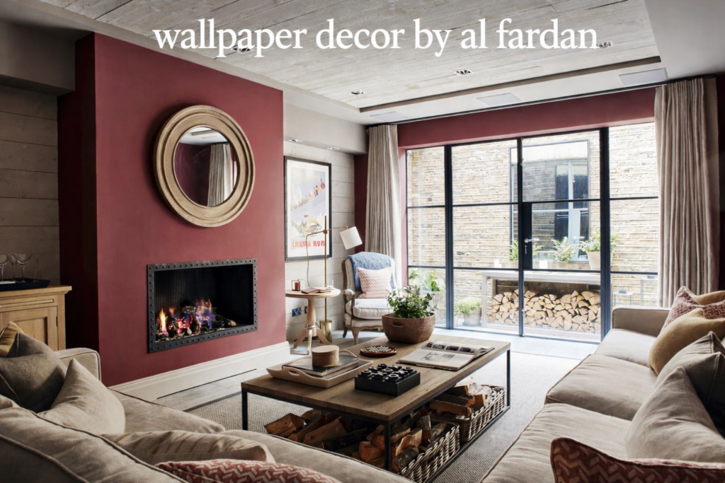 Modern living room wallpaper decor with red accent wall, fireplace, and stylish interior by Al Fardan.