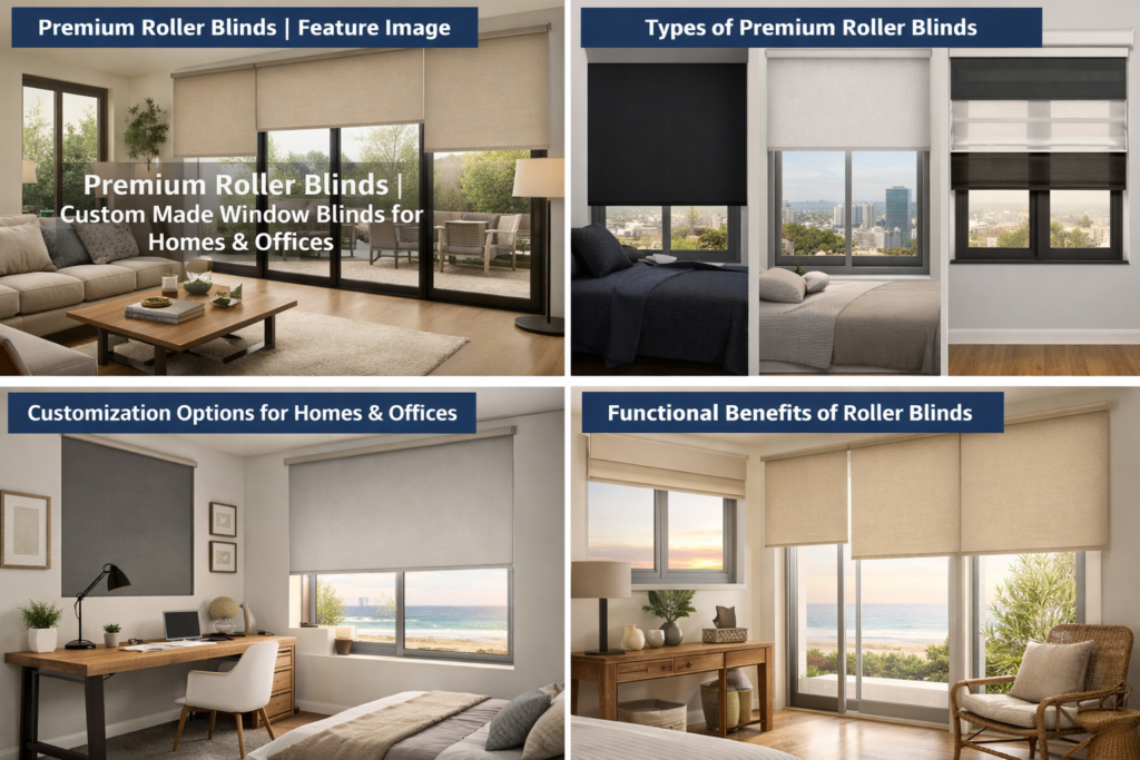 Modern living room with custom premium beige roller blinds partially covering large glass windows